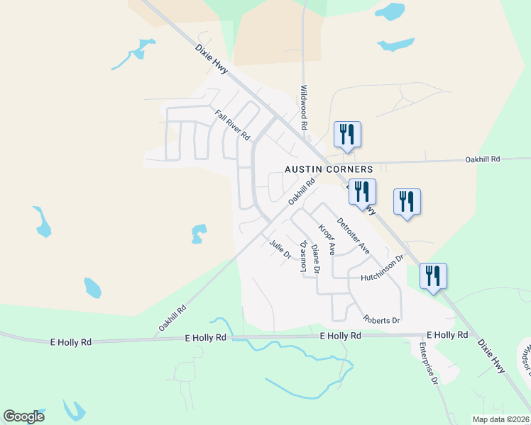 map of restaurants, bars, coffee shops, grocery stores, and more near 6551 Hunters Ridge in Holly