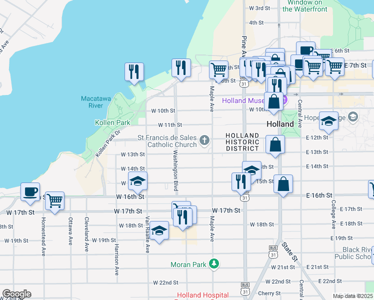 map of restaurants, bars, coffee shops, grocery stores, and more near 211 West 13th Street in Holland