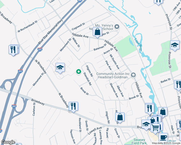map of restaurants, bars, coffee shops, grocery stores, and more near 153 Pilgrim Road in Haverhill