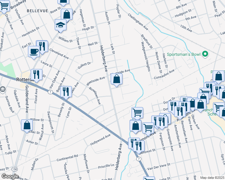 map of restaurants, bars, coffee shops, grocery stores, and more near 1570 Helderberg Avenue in Schenectady