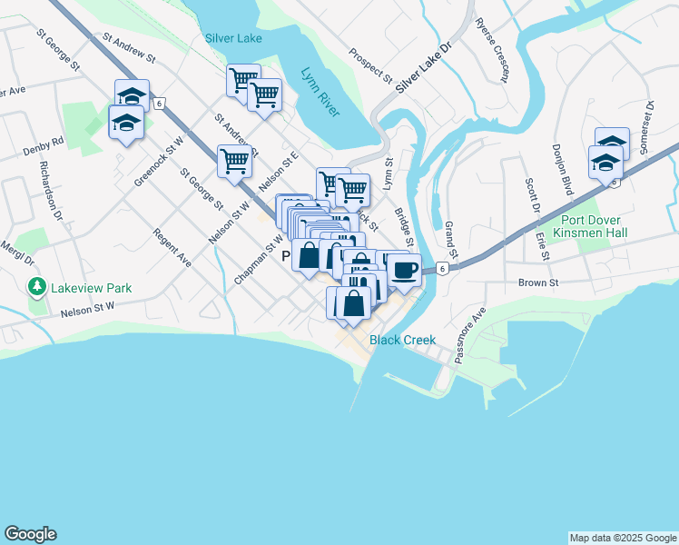map of restaurants, bars, coffee shops, grocery stores, and more near 218 Main Street in Port Dover