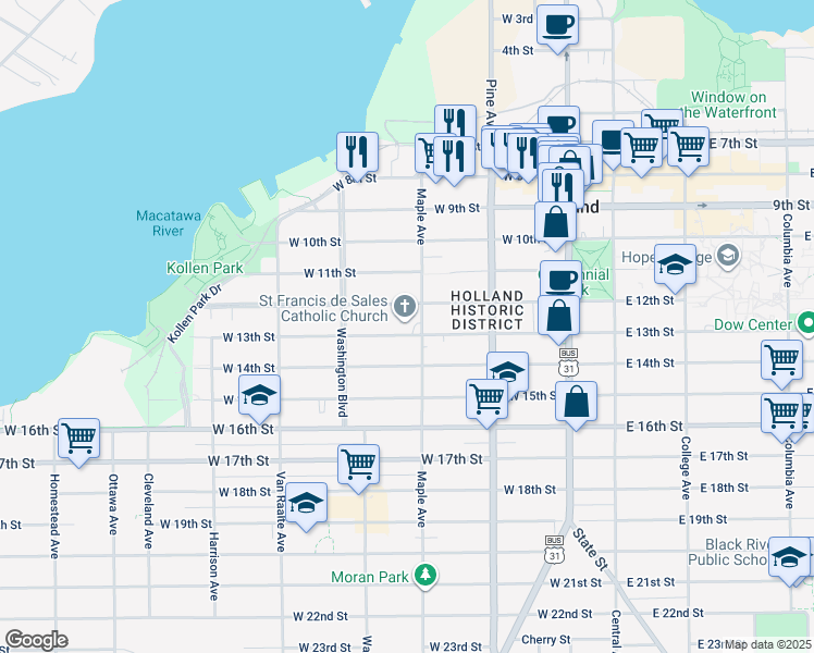 map of restaurants, bars, coffee shops, grocery stores, and more near 171 West 13th Street in Holland