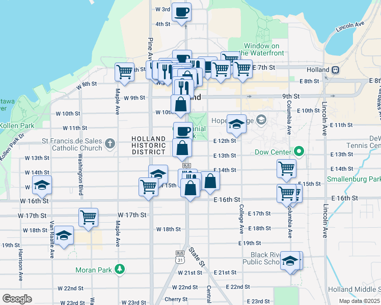 map of restaurants, bars, coffee shops, grocery stores, and more near 311 South River Avenue in Holland
