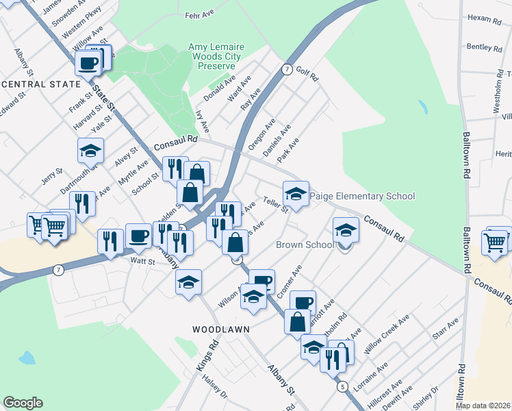 map of restaurants, bars, coffee shops, grocery stores, and more near 82 Fenwick Avenue in Schenectady
