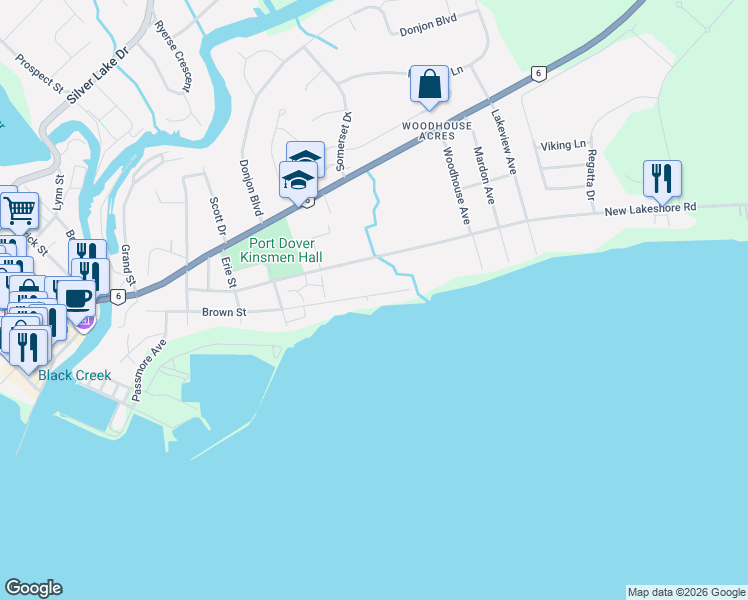 map of restaurants, bars, coffee shops, grocery stores, and more near 1222 Brown Street in Port Dover