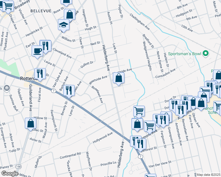 map of restaurants, bars, coffee shops, grocery stores, and more near 1567 Helderberg Avenue in Rotterdam