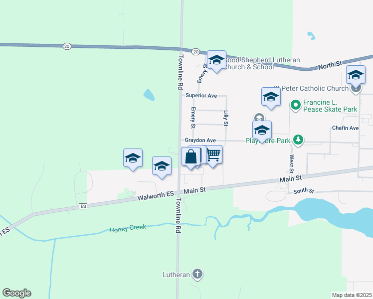 map of restaurants, bars, coffee shops, grocery stores, and more near 2076 Townline Road in East Troy