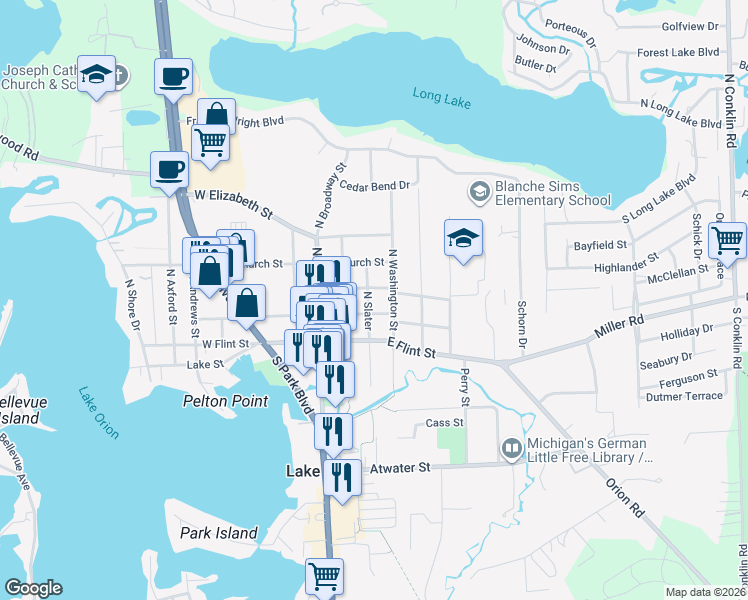 map of restaurants, bars, coffee shops, grocery stores, and more near 129 North Slater in Orion charter Township