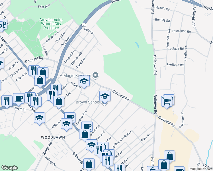 map of restaurants, bars, coffee shops, grocery stores, and more near 2815 Consaul Road in Schenectady