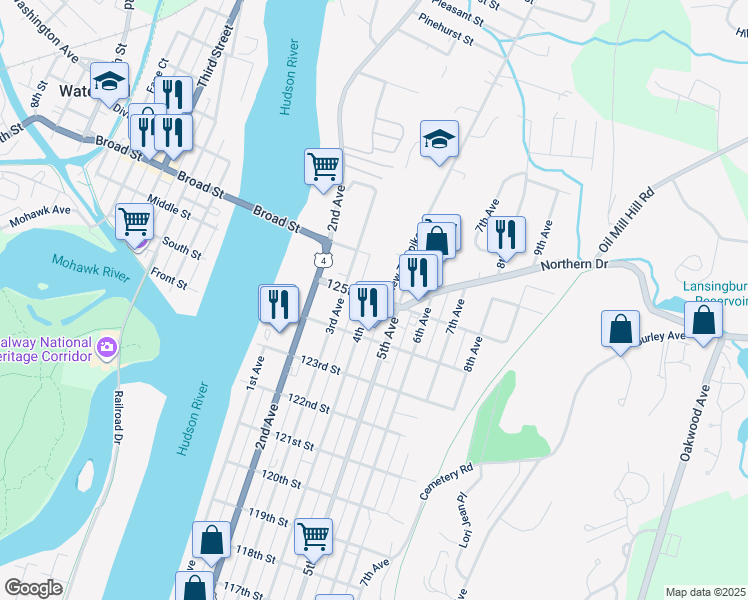 map of restaurants, bars, coffee shops, grocery stores, and more near 887 4th Ave in Troy