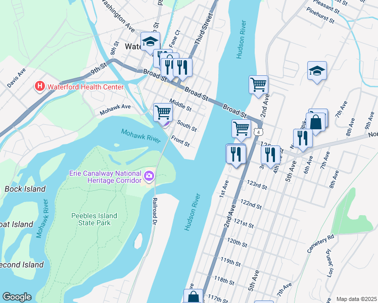 map of restaurants, bars, coffee shops, grocery stores, and more near 18 Front Street in Waterford