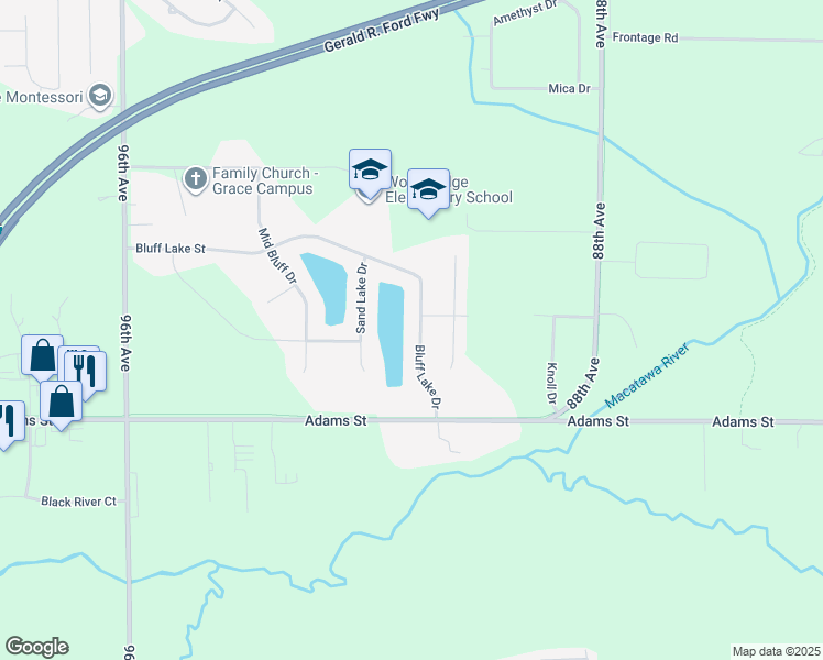 map of restaurants, bars, coffee shops, grocery stores, and more near 943 Bluff Lake Drive in Zeeland