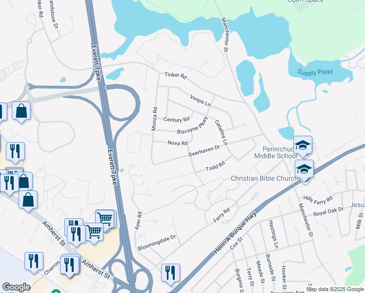 map of restaurants, bars, coffee shops, grocery stores, and more near 10 Nova Road in Nashua