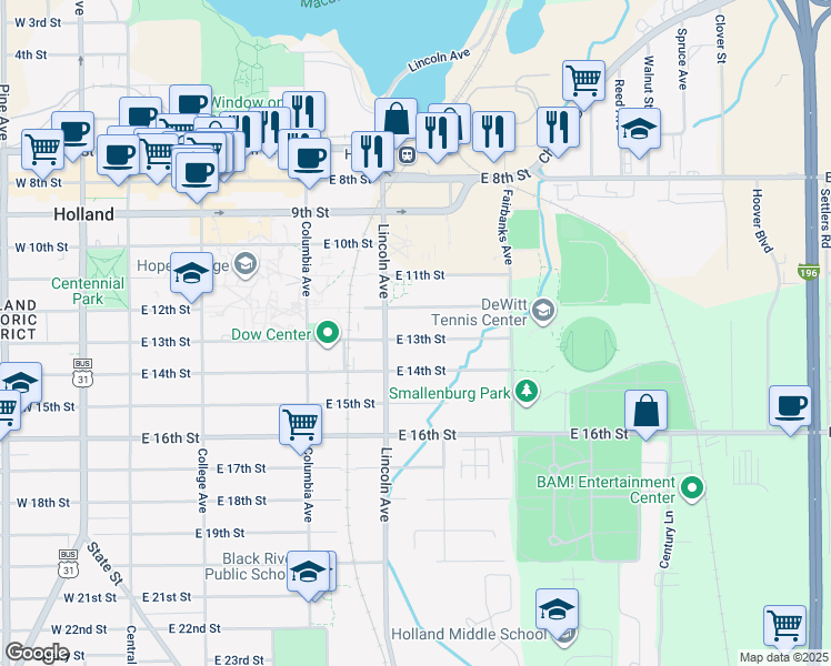 map of restaurants, bars, coffee shops, grocery stores, and more near 243 East 13th Street in Holland