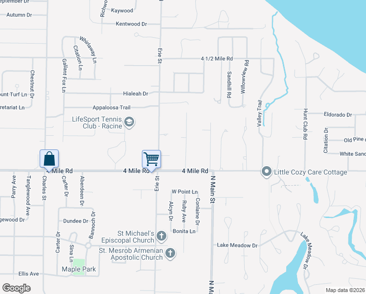 map of restaurants, bars, coffee shops, grocery stores, and more near 5110 Ruby Avenue in Racine