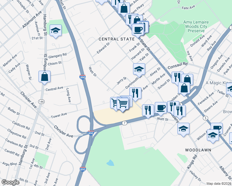 map of restaurants, bars, coffee shops, grocery stores, and more near Watt Street & Tower Avenue in Schenectady