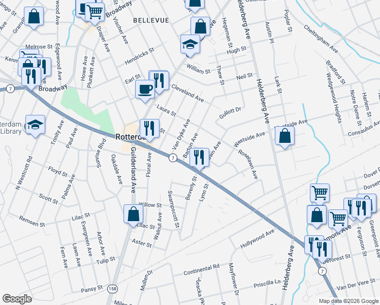 map of restaurants, bars, coffee shops, grocery stores, and more near 2716 Barton Avenue in Rotterdam