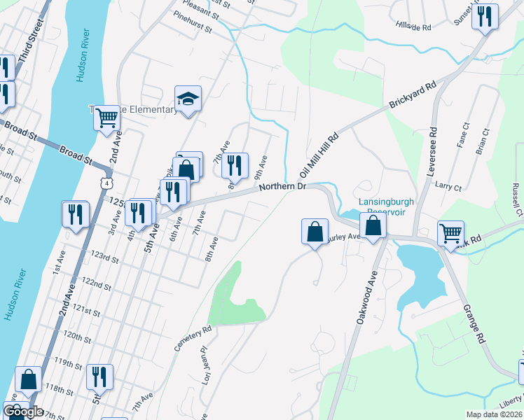 map of restaurants, bars, coffee shops, grocery stores, and more near 58 Ives Court in Troy