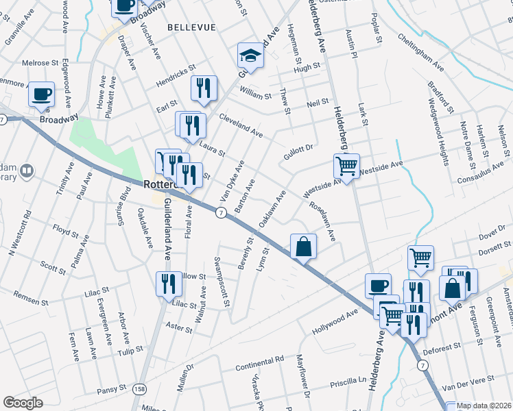 map of restaurants, bars, coffee shops, grocery stores, and more near 2401 Oaklawn Avenue in Rotterdam
