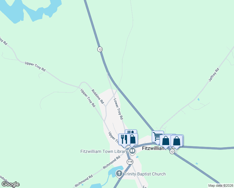 map of restaurants, bars, coffee shops, grocery stores, and more near 78 Lower Troy Road in Fitzwilliam