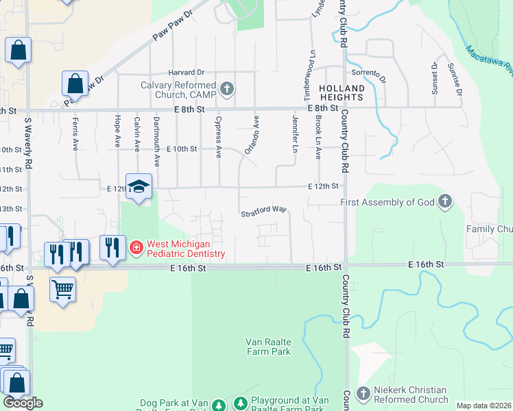 map of restaurants, bars, coffee shops, grocery stores, and more near 317 Stratford Way in Holland