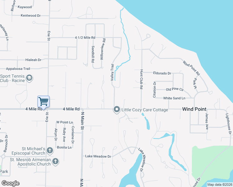 map of restaurants, bars, coffee shops, grocery stores, and more near 5045 Valley Trail in Wind Point