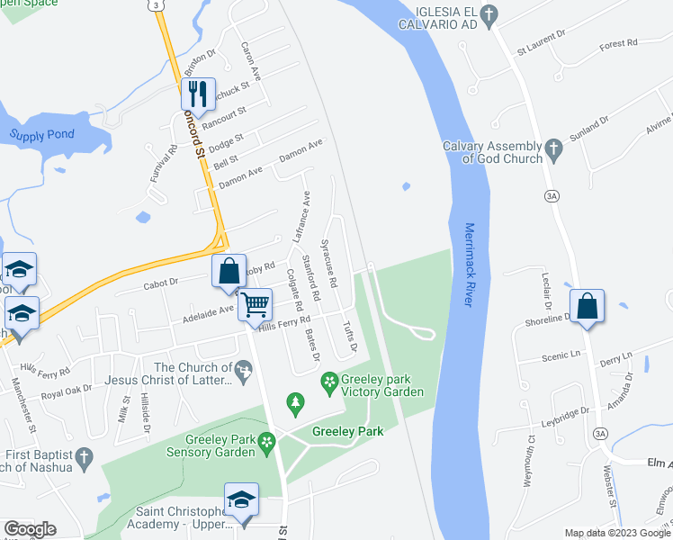 map of restaurants, bars, coffee shops, grocery stores, and more near 11 Syracuse Road in Nashua