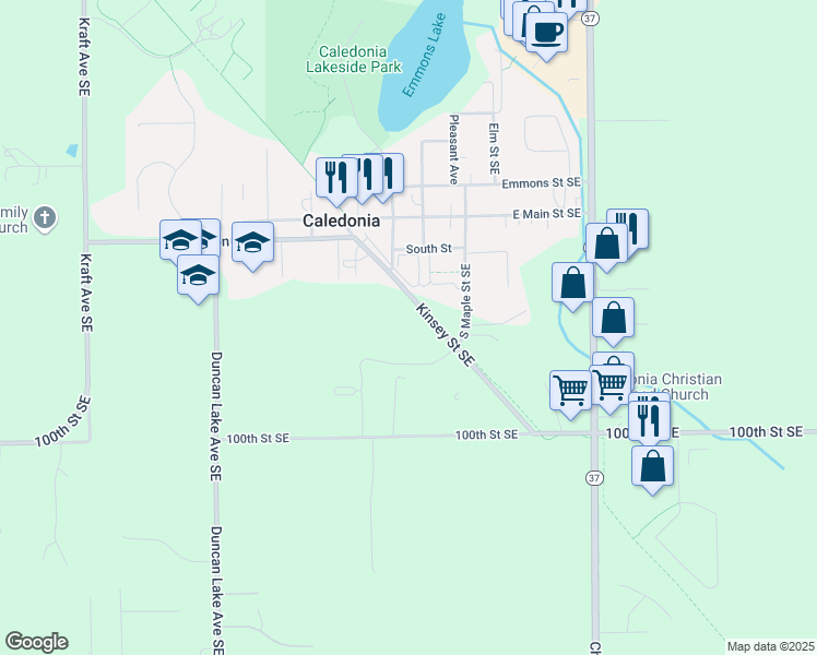 map of restaurants, bars, coffee shops, grocery stores, and more near 221 Kinsey Street Southeast in Caledonia
