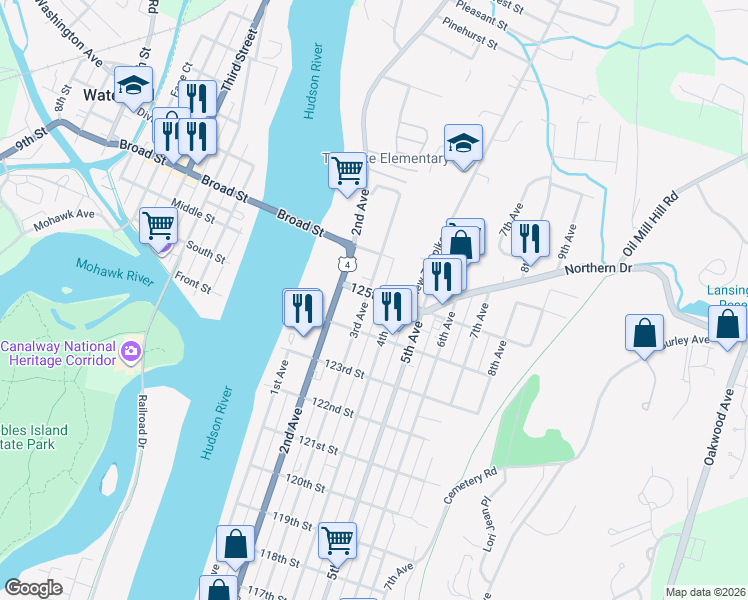 map of restaurants, bars, coffee shops, grocery stores, and more near 877 3rd Avenue in Troy