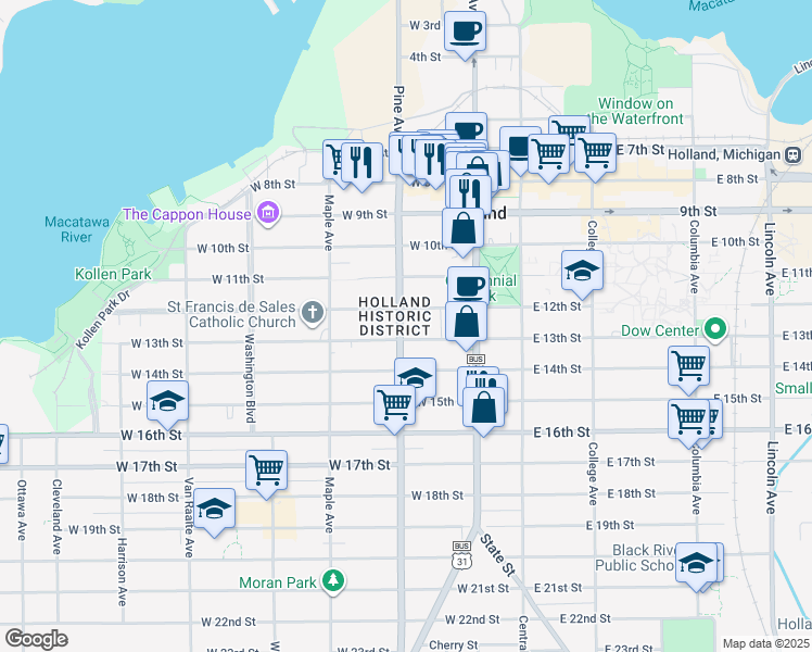 map of restaurants, bars, coffee shops, grocery stores, and more near 303 Pine Avenue in Holland