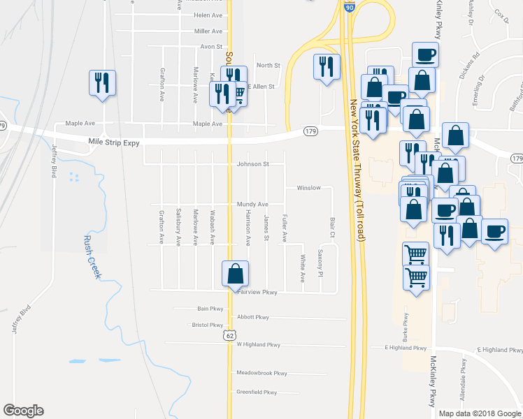 map of restaurants, bars, coffee shops, grocery stores, and more near 3628 James Street in Buffalo