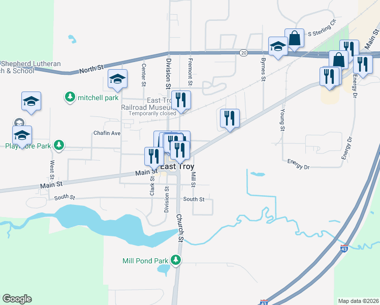 map of restaurants, bars, coffee shops, grocery stores, and more near 2852 Main Street in East Troy