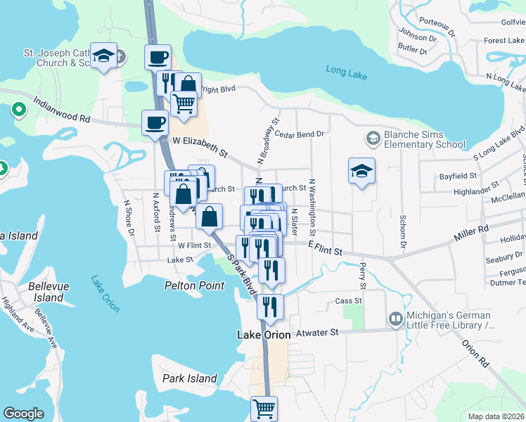 map of restaurants, bars, coffee shops, grocery stores, and more near 148 North Broadway Street in Orion charter Township