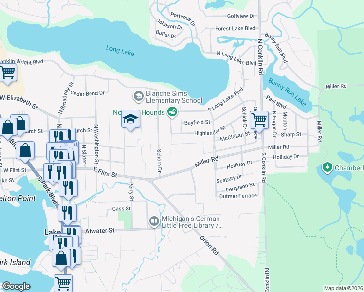 map of restaurants, bars, coffee shops, grocery stores, and more near 740 Luna Court in Orion charter Township