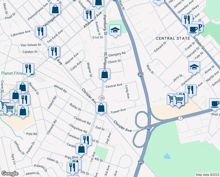 map of restaurants, bars, coffee shops, grocery stores, and more near 210 Central Avenue in Schenectady