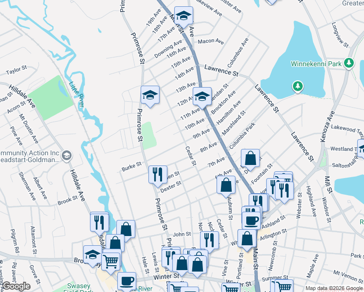 map of restaurants, bars, coffee shops, grocery stores, and more near 132 Cedar Street in Haverhill