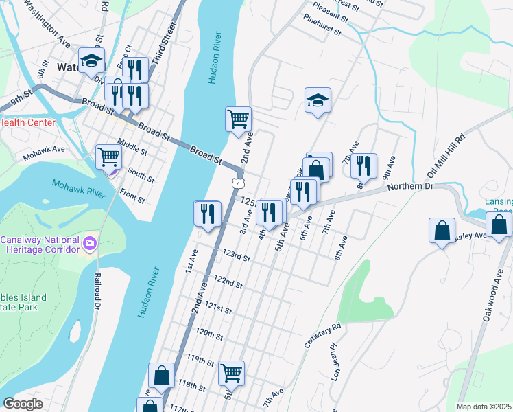 map of restaurants, bars, coffee shops, grocery stores, and more near 877 3rd Avenue in Troy