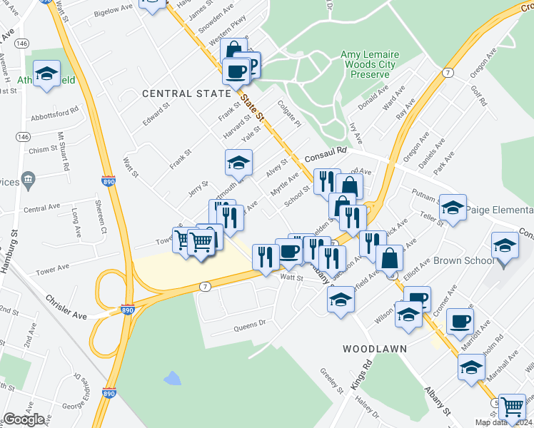 map of restaurants, bars, coffee shops, grocery stores, and more near 2400 Albany Street in Schenectady
