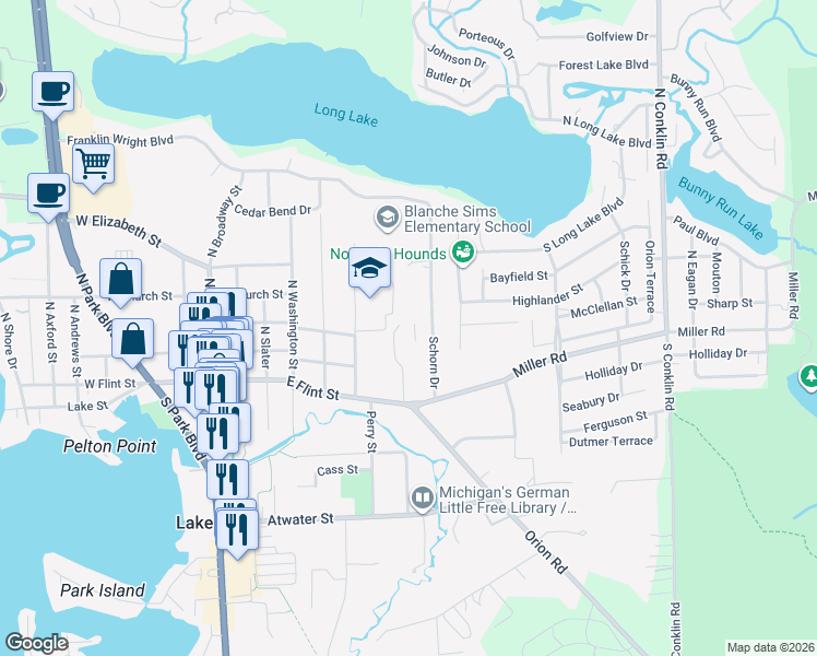 map of restaurants, bars, coffee shops, grocery stores, and more near 585 East Flint Street in Orion charter Township