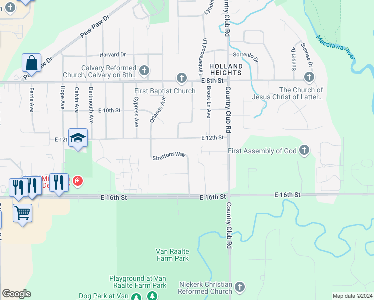 map of restaurants, bars, coffee shops, grocery stores, and more near 419 Stratford Way in Holland