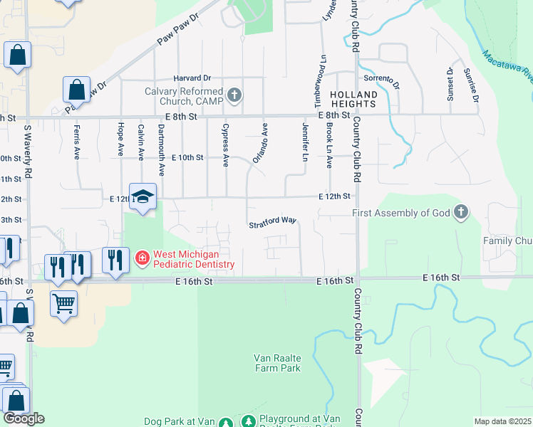 map of restaurants, bars, coffee shops, grocery stores, and more near 317 Stratford Way in Holland