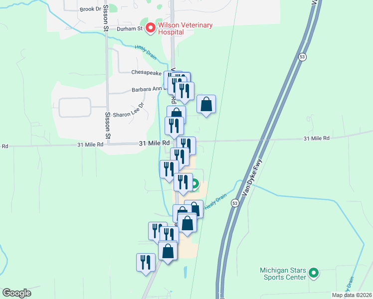 map of restaurants, bars, coffee shops, grocery stores, and more near 12350 31 Mile Road in Washington