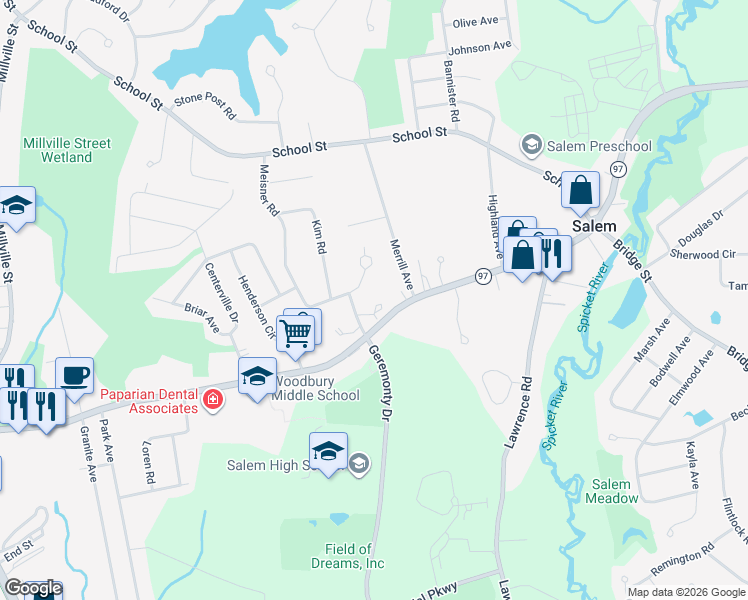 map of restaurants, bars, coffee shops, grocery stores, and more near 44 Meisner Road in Salem
