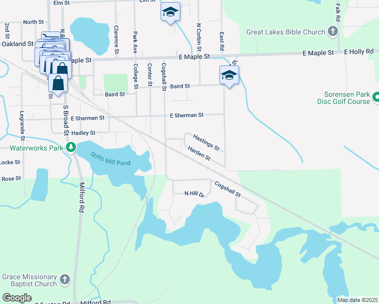 map of restaurants, bars, coffee shops, grocery stores, and more near 414 Harden Street in Holly