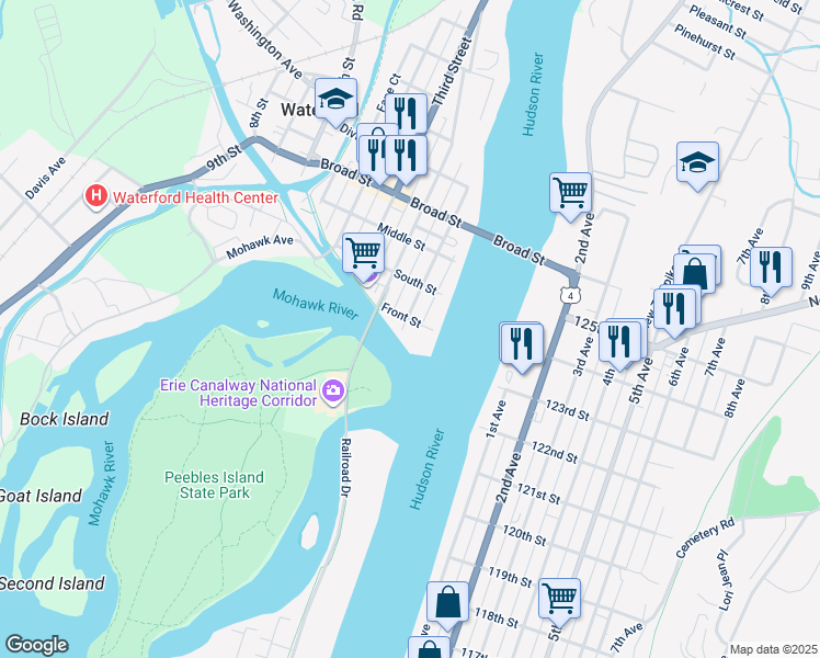 map of restaurants, bars, coffee shops, grocery stores, and more near 18 Front Street in Waterford