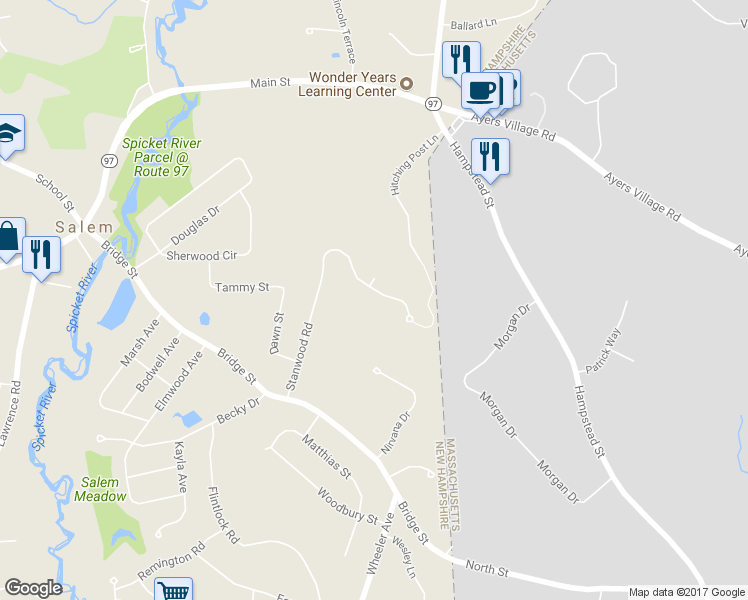 map of restaurants, bars, coffee shops, grocery stores, and more near 42 Stanwood Road in Salem