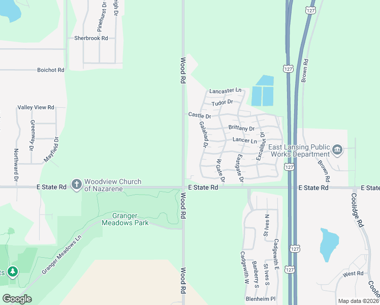 map of restaurants, bars, coffee shops, grocery stores, and more near 15849 Wood Road in Lansing