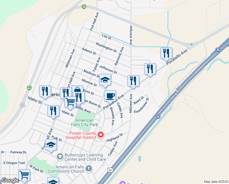 map of restaurants, bars, coffee shops, grocery stores, and more near 355 Bannock Avenue in American Falls