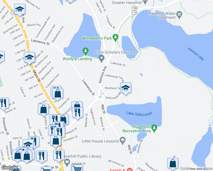 map of restaurants, bars, coffee shops, grocery stores, and more near 7 Westland Terrace in Haverhill