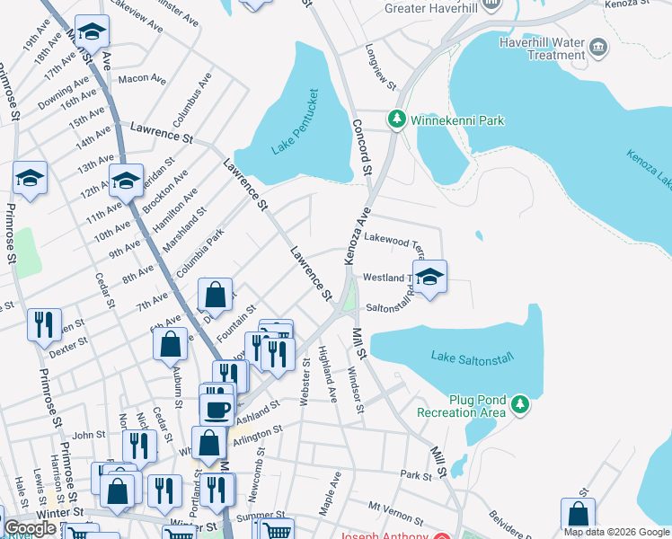 map of restaurants, bars, coffee shops, grocery stores, and more near 206 Kenoza Avenue in Haverhill